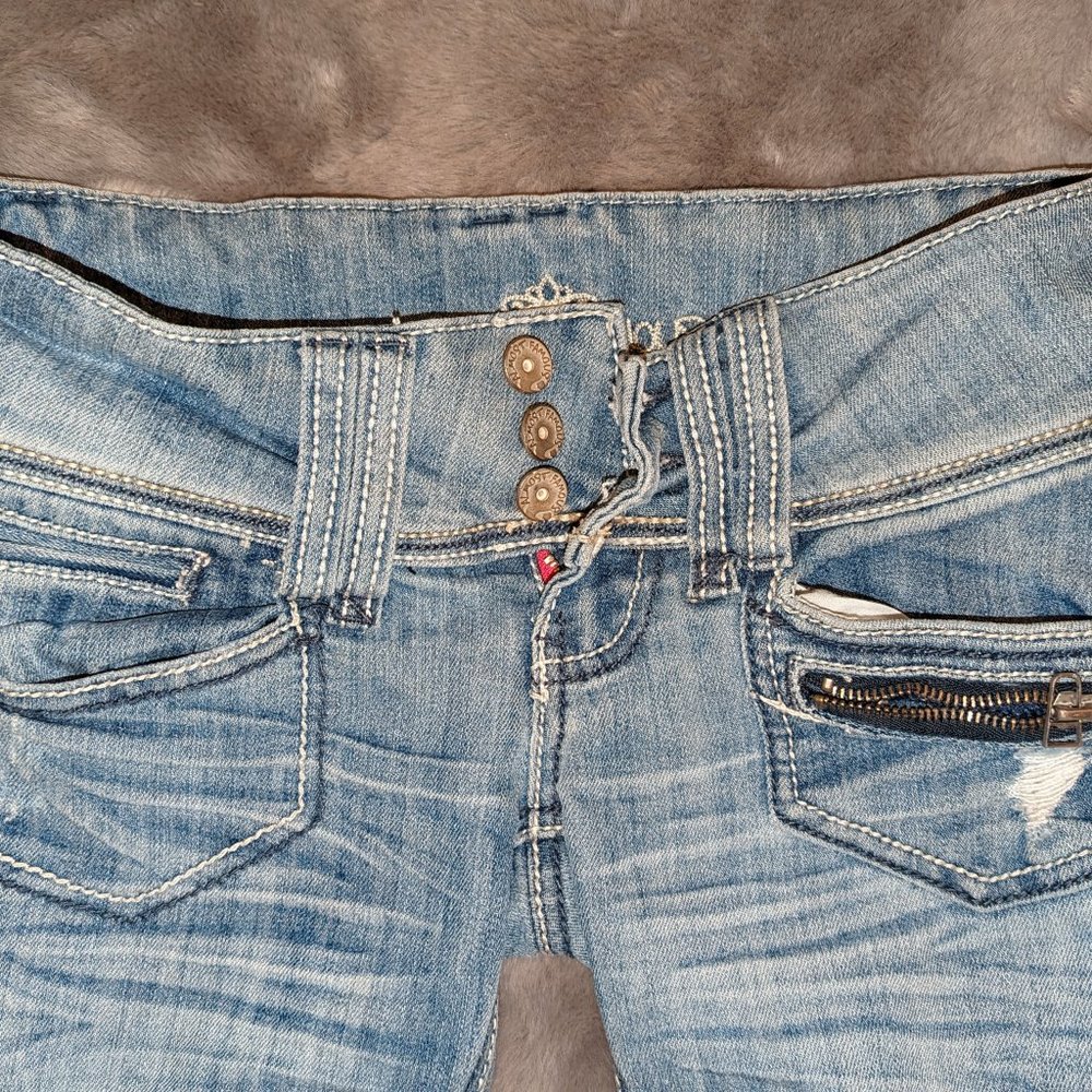 Ladies Almost Famous Blue Jeans Flap Pockets Embroidered Size 1